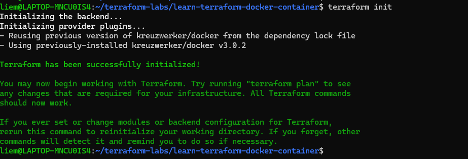 Screenshot: terraform init output showing the docker provider being installed.