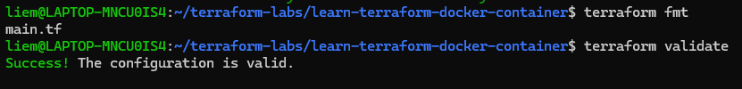 Screenshot: terraform validate confirming the configuration is valid.