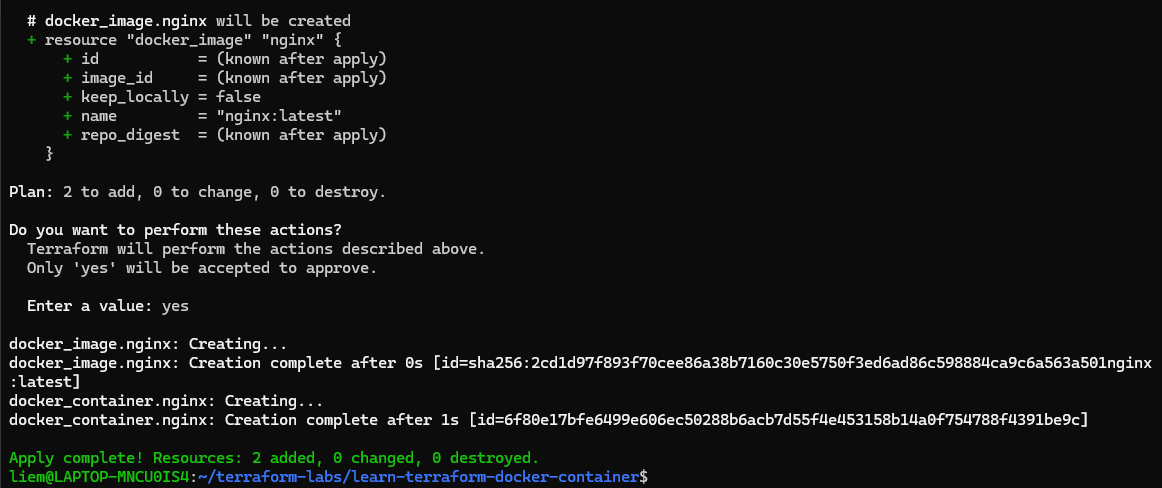 Screenshot: terraform apply output (truncated) after confirming with yes.