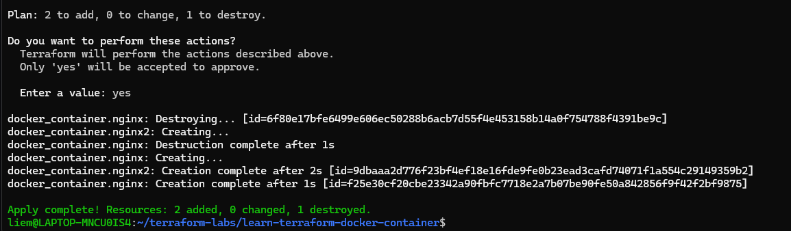Screenshot: terraform apply output — nginx destroyed and recreated, nginx2 created, apply complete with 2 added and 1 destroyed.
