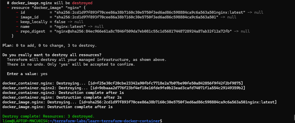 Screenshot: terraform destroy plan showing docker_image.nginx marked for destruction, the confirmation prompt, and all three resources being destroyed in sequence.