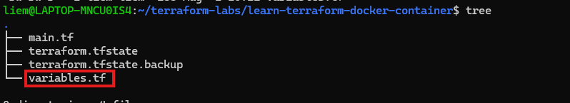 Screenshot: tree output showing main.tf, terraform.tfstate, terraform.tfstate.backup, and the new variables.tf file.