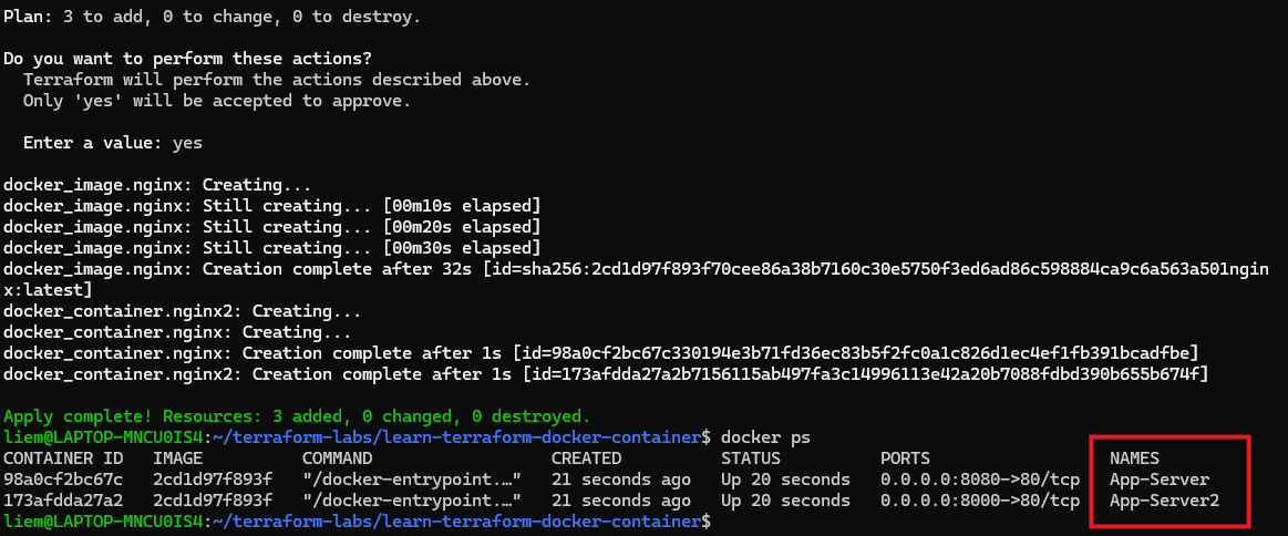 Screenshot: apply confirmation, all three resources creating, apply complete with 3 added, and docker ps showing both containers named App-Server and App-Server2.