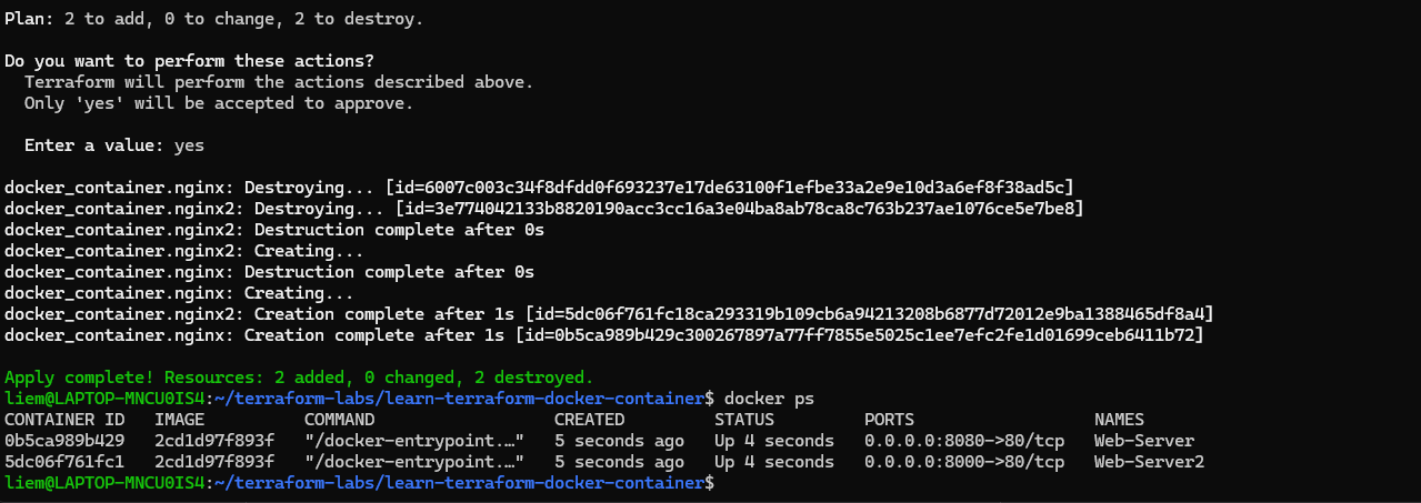 Screenshot: terraform apply with -var flags showing 2 to add, 2 to destroy, both containers destroyed and recreated, and docker ps showing the new names Web-Server and Web-Server2.