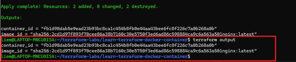 Screenshot: terraform output printing container_id and image_id, matching the values shown at the end of the previous apply.