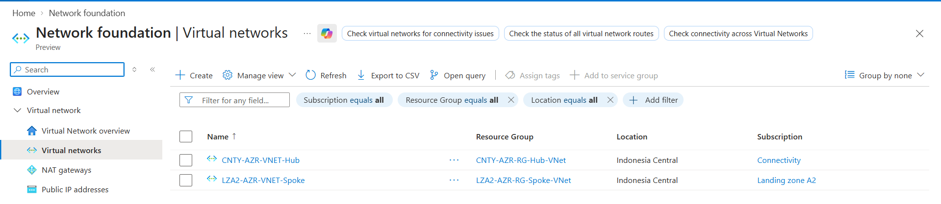 Screenshot: Azure portal Virtual networks list showing exactly two VNets — CNTY-AZR-VNET-Hub in the Connectivity subscription and LZA2-AZR-VNET-Spoke in the Landing zone A2 subscription.