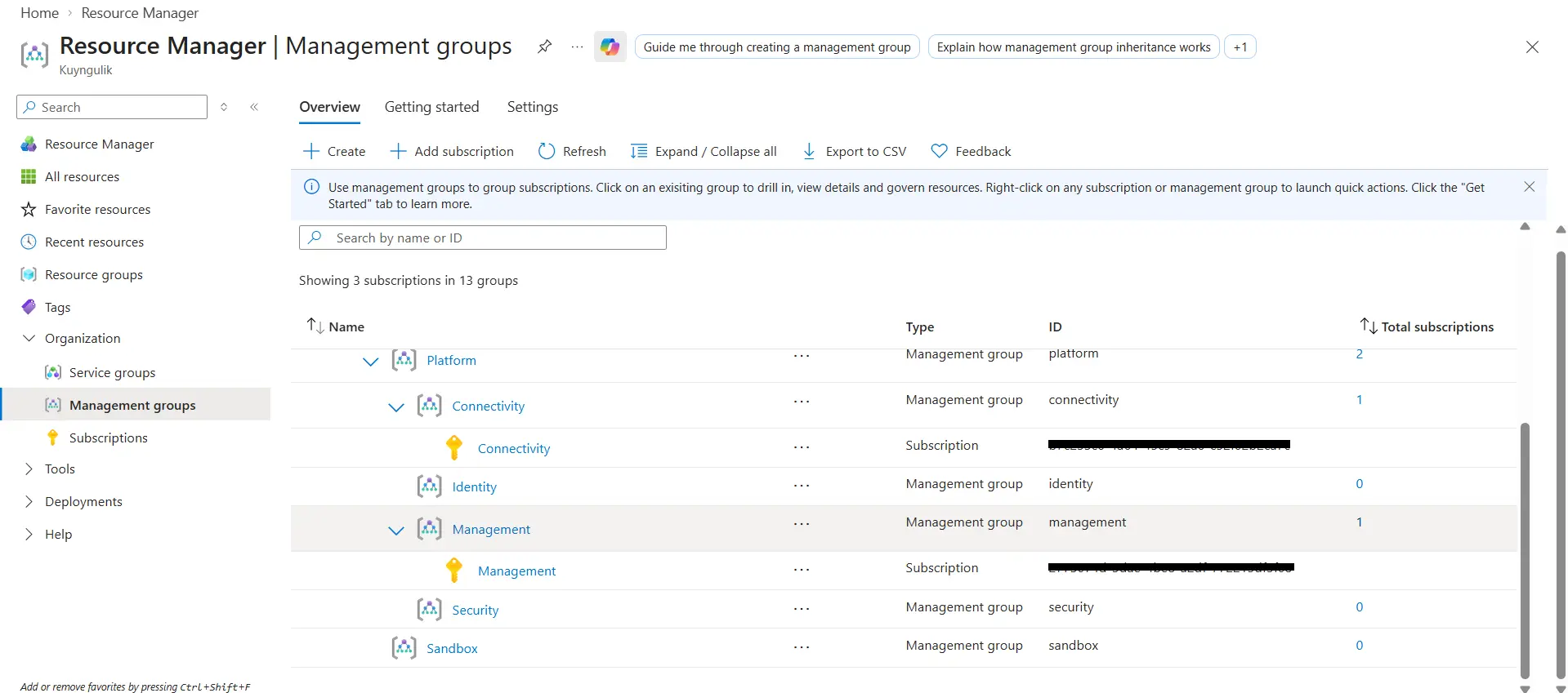 Screenshot: Platform management group expanded, showing Connectivity (1 subscription) and Management (1 subscription) as child management groups, with Identity and Security at 0 subscriptions.