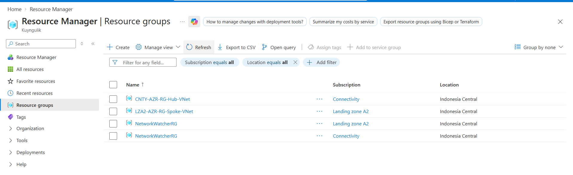 Screenshot: Resource groups list showing CNTY-AZR-RG-Hub-VNet and LZA2-AZR-RG-Spoke-VNet, plus two auto-created NetworkWatcherRG resource groups, one per subscription.