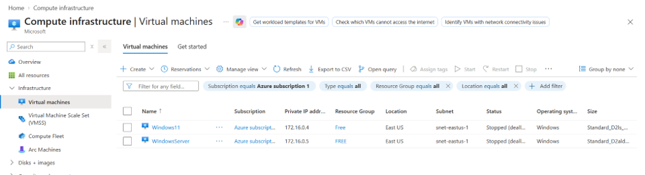 Screenshot: Azure portal Virtual machines list showing Windows11 and WindowsServer, both Stopped (deallocated), same subnet and resource group.