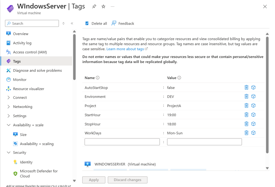 Screenshot: WindowsServer Tags blade showing AutoStartStop false, otherwise the same tag shape as Windows11.