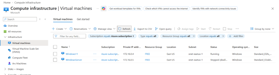 Screenshot: Virtual machines list showing Windows11 Running and WindowsServer still Stopped (deallocated).