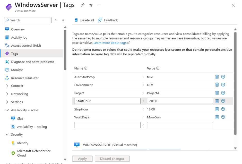 Screenshot: WindowsServer Tags blade with AutoStartStop now true and StartHour set to 20:00, being edited in the portal.