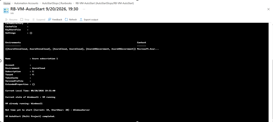 Screenshot: RB-VM-AutoStart job output showing Windows11 already running, and WindowsServer skipped with reason “Not time yet to start (Current: 19, StartHour: 20)”.